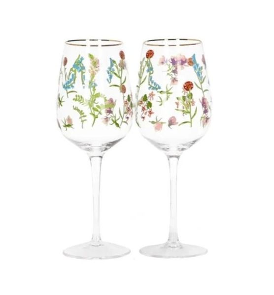 Elegant Colorful Floral Design Stem Wine Glasses Set Of Two