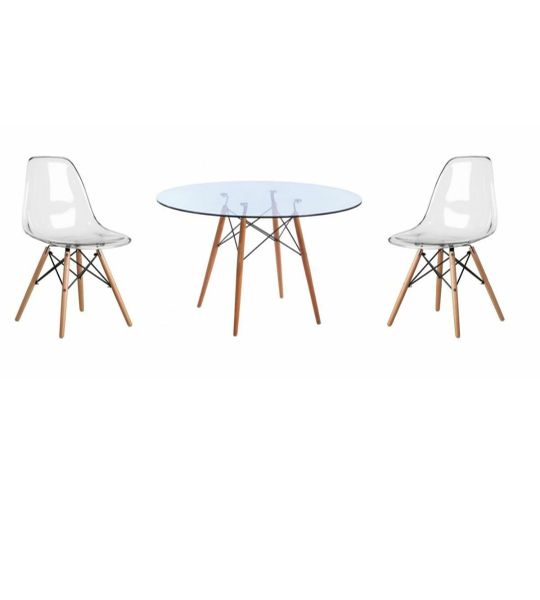 3 Piece Glass Table &amp; Clear Wooden Leg Chairs