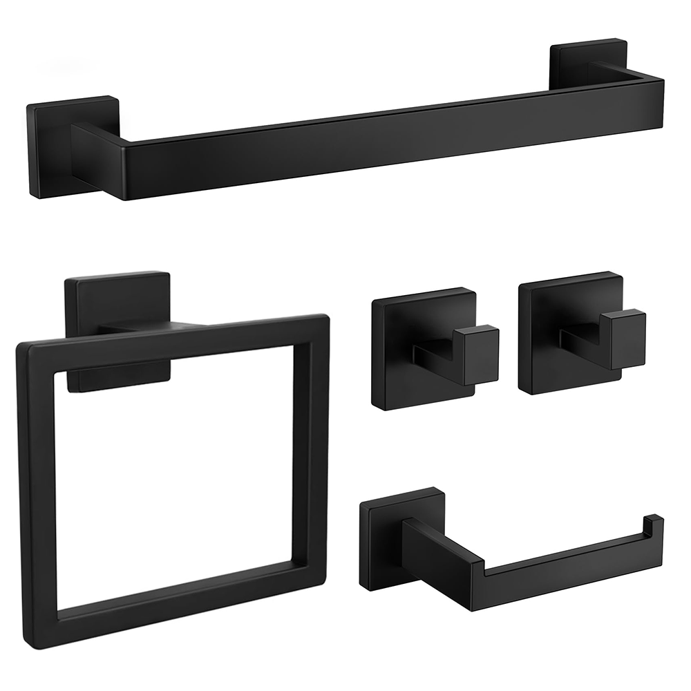 Topika Home 5 Piece Matte Black Bathroom Set, SUS304 Towel Racks Wall Mounted