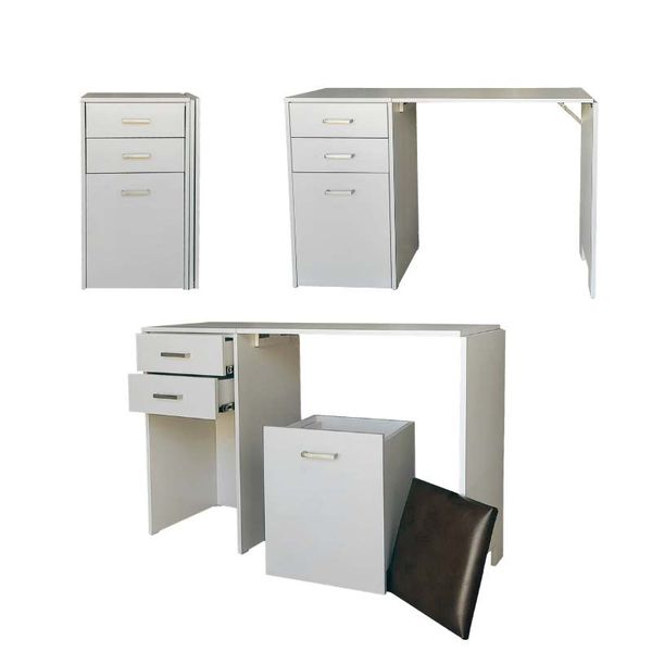Versa Combo Drawer Desk With Ottoman Chair And Fold-Out Table - White