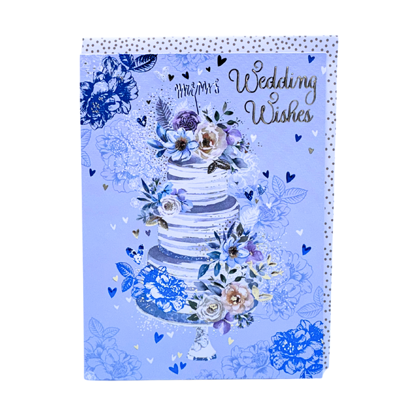 Wedding card - Tiered cake &amp; flowers - Blues
