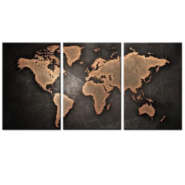 Canvas-Art-3 Pieces Black &amp; Gold Split Vintage World Map Wall Art