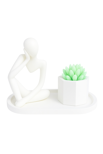 White Hollow Man Figurine with Candle Succulent on a Tray