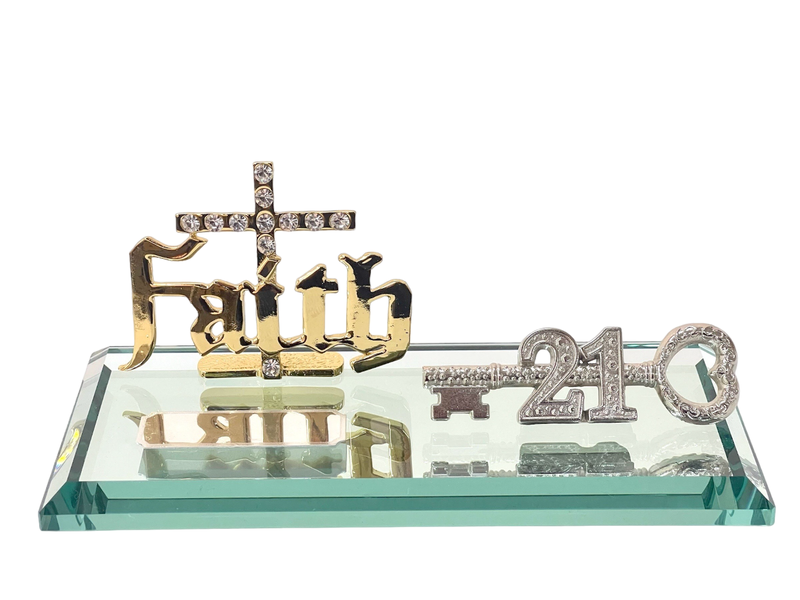 21st Key with Diamante Faith on Glass Mirror base