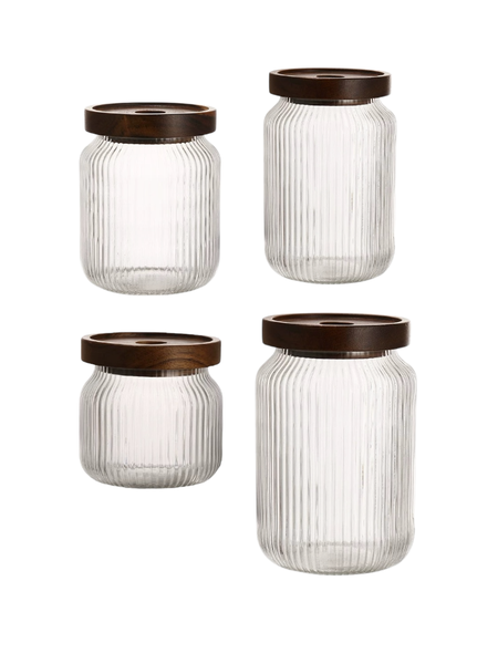 Ribbed Glass Food Storage Jar Set Stackable Canister with Wooden Lid 4 Pack