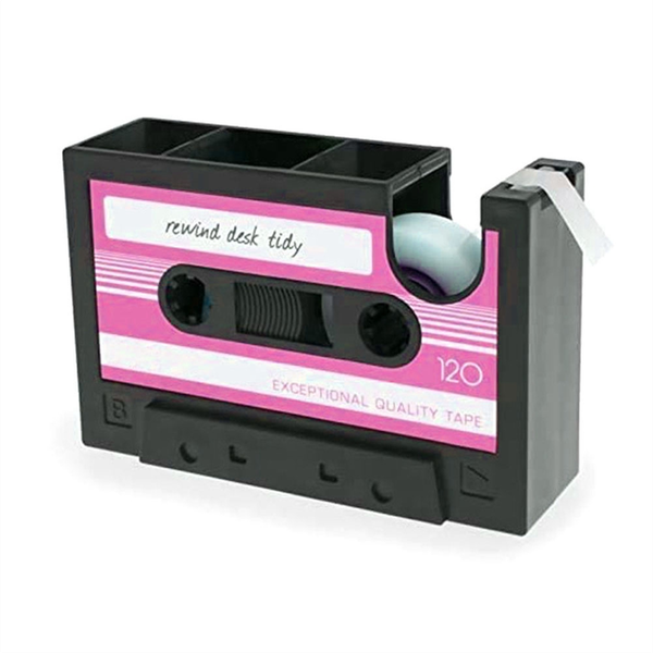 Tape Dispenser Pen Holder, Retro Cassette Tape Dispenser,Pink-Black