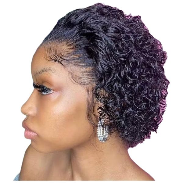 Readytogo Pixie Natural Black, Short Curly Frontal Wig, 100% Brazilian