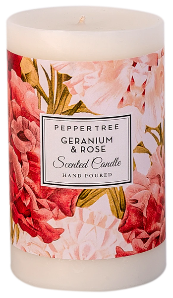Pepper Tree Geranium &amp; Rose Medium Scented Pillar Candle 600ml