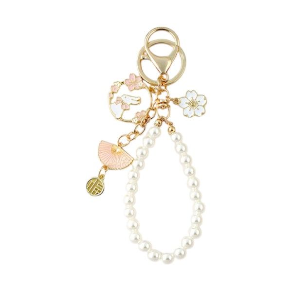 Charming Pearl Keychain With Sakura & Rabbit Charm Details - White & Pink