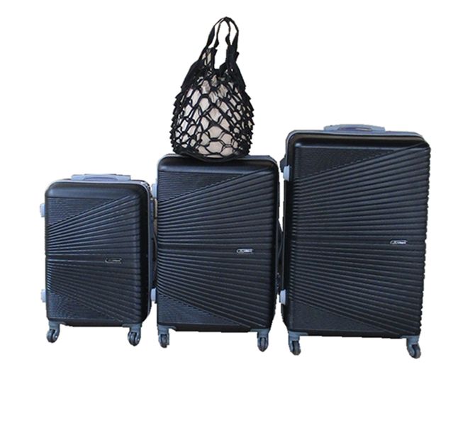 Black 3-Piece ABS Trolley Case Set with Small Black Mesh Bag