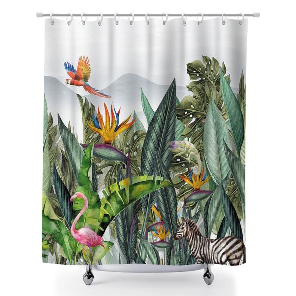 Shower Curtain with 12 Hooks, 180x180cm Botanical Print Polyester Curtain