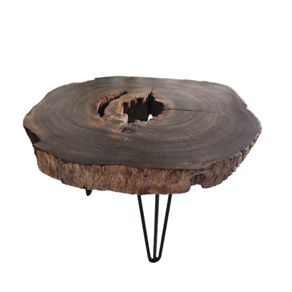 Dark, Round, Live Edge Lead Wood Coffee Table