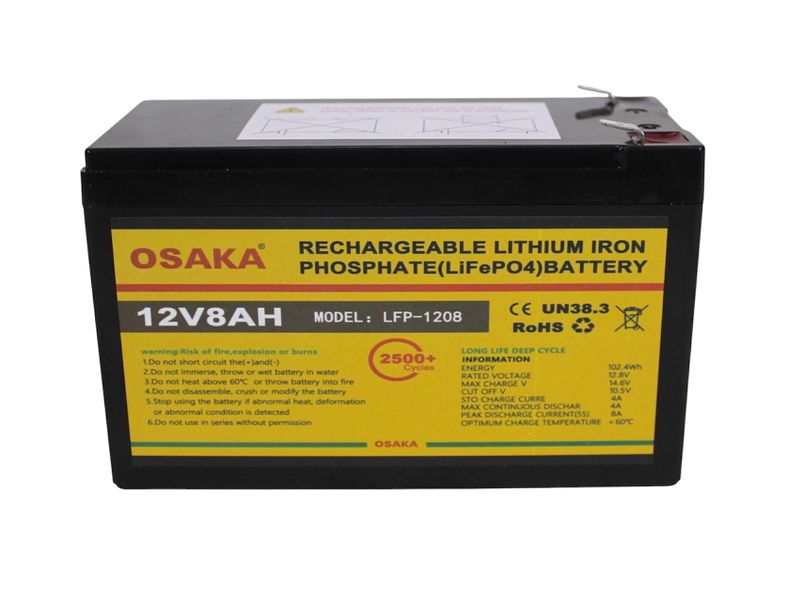 OSAKA LiFePO4 12V 8Ah Rechargeable Lithium Iron Battery-2500+Deep Cycle