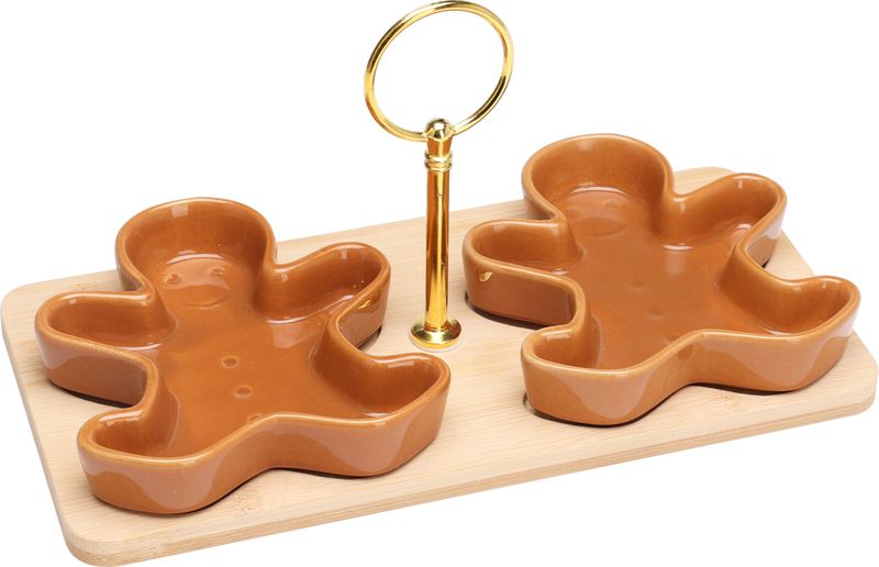 3-Piece Christmas Serving Set - Stoneware Bowls with Bamboo Tray