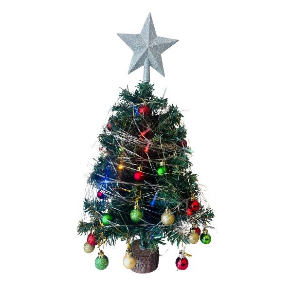 Table Top Christmas Tree Wooden Base with Decorations &amp; Lights Set (58cm)