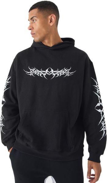 boohooMAN - Men's Oversized Gothic Print Hoodie - Black