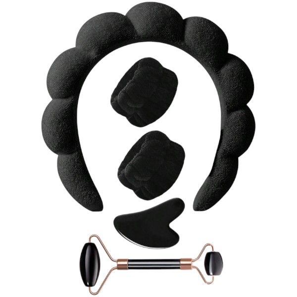 5 Piece Absorbent Head &amp; Wristbands With Facial Massage Tools - Black