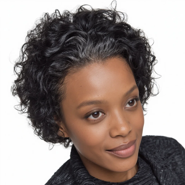 Geebuy 13x1-6In Natural Look Pixie Curly Wig Short Brazilian Human Hair