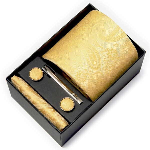 Mens Tie and Pocket Square Cufflinks Sets with Gift Box - Yellow