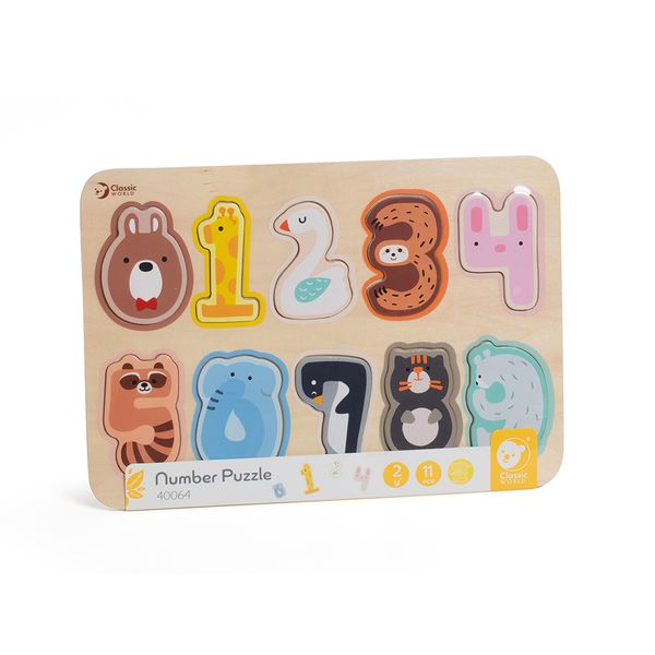 Classic World - Wooden Animals &amp; Numbers Puzzle - 11 Piece