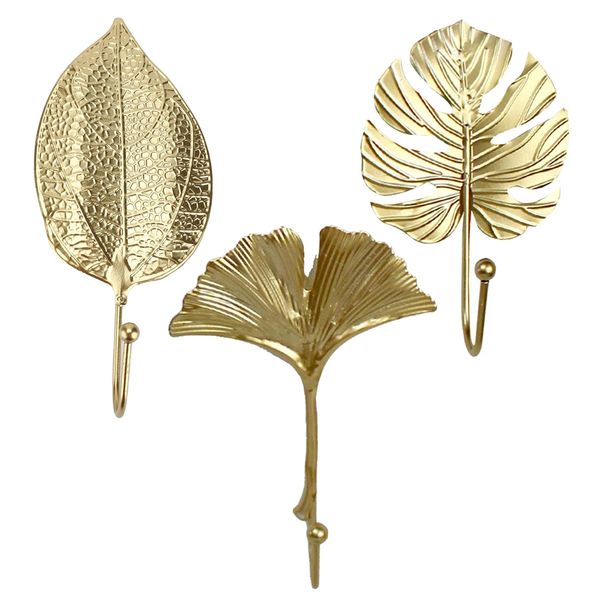 DIY - Decorative Gold Iron Art Leaf Hanging Wall Hooks - Set of 3