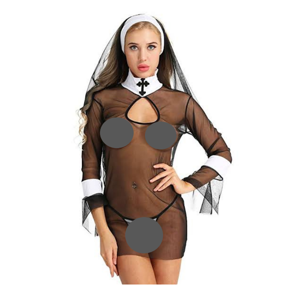 I Love Lingerie, Sinners &amp; Saints, Blk Mesh Nun Outfit Wth Matching Panty