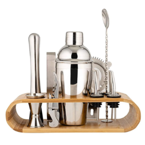 Stainless Steel Ice Mixer Set Cocktail Shaker with Wooden Stand -11 Pcs