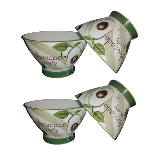 Chinese Style Ceramic Rice &amp; Soup Bowl Avo Print - Set Of 4