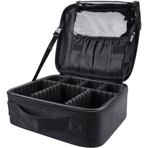 Travel Makeup Bag with Mirror, Portable Makeup Storage Case - Black