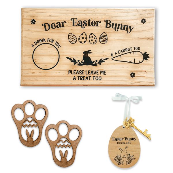 Easter Bunny Wood Treat Board, Bunny Key &amp; Pawprint Stencils Gift Bundle