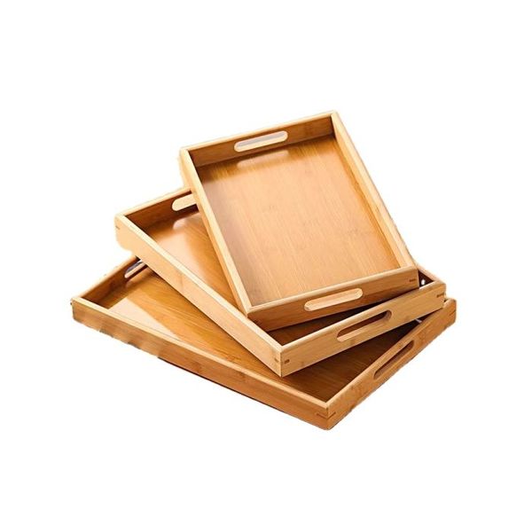 Bamboo Tray Set - Wooden Serving Trays with Handle - 3-Piece