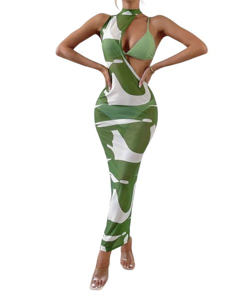 Carina Asymmetrical Green Bikini and Beach Cover Up Set - 3 Piece