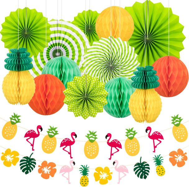 Summer Party Decoration Set Hanging Paper Fans and Flamingo Flower Banner