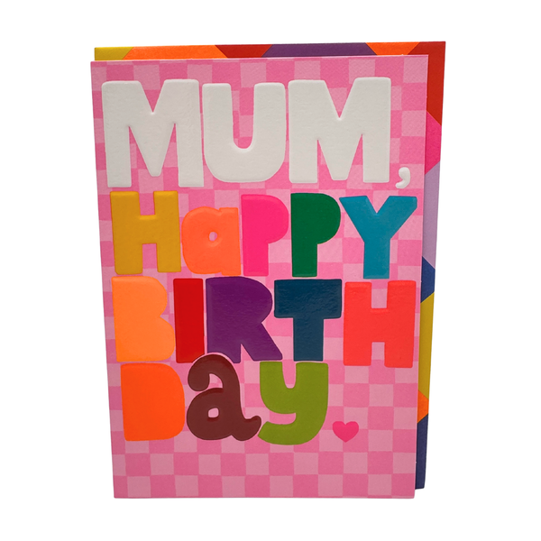 Birthday card - Mum - Bold bright type on pink check