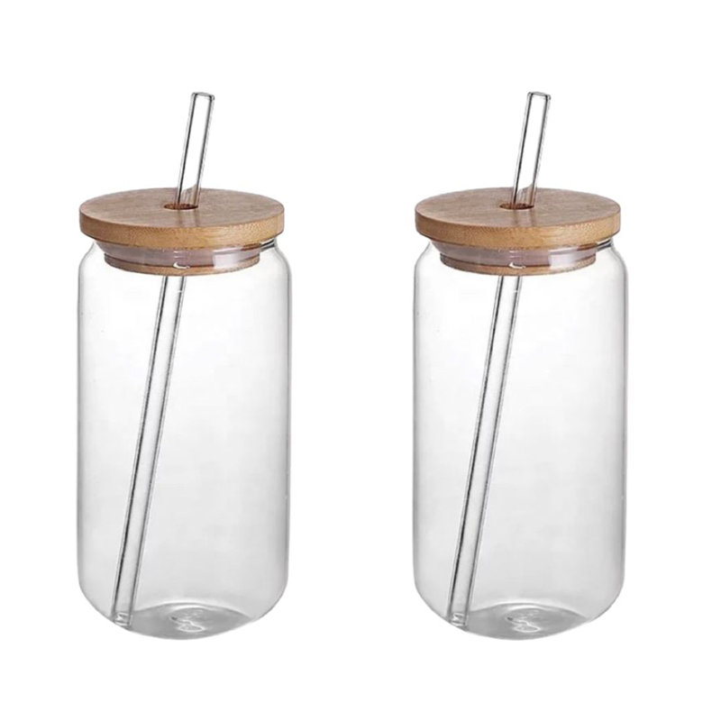 GLASS Water Tumbler with Bamboo Lid & Glass Straw SET 2 500ml BPA