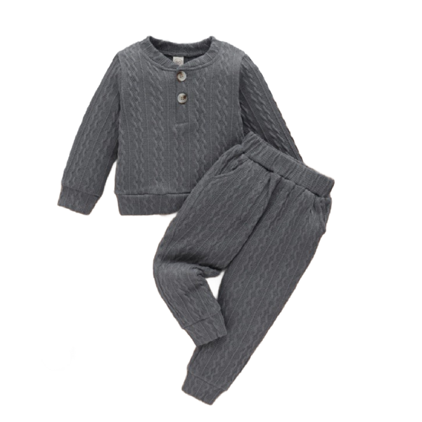 Knitted Toddler Boys Cable Textured Quarter Button Pullover Sweatpants Top