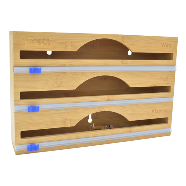 Topika - 3-in-1 Bamboo Plastic Wrap Dispenser Cutter, 30cm Roll Compatible