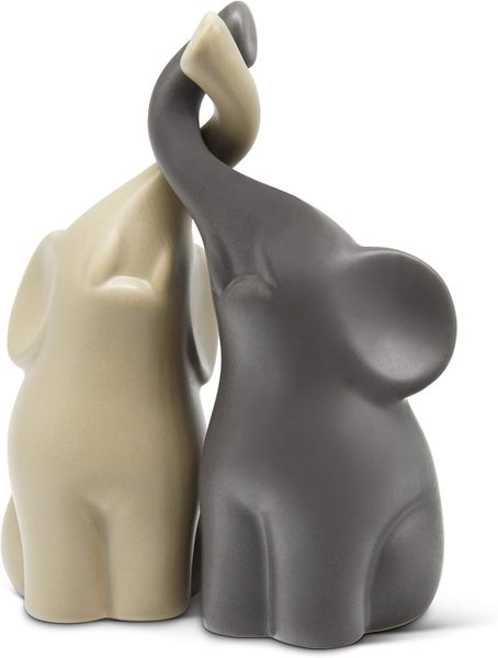 Loving Pair of Elephants in Beige &amp; Grey - Modern Ceramic Sculpture