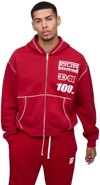 boohooMAN - Men's Boxy Moto Zip Through Hoodie - Red