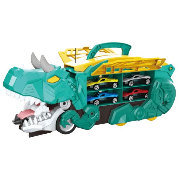 Mega Dinosaur Carrier Truck with 6 Slot Cars - Action Wheels Toys for Boys