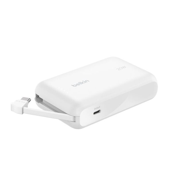 Belkin BoostCharge power bank 10000mAh, portable power bank with integrated cable PD 20W, fast charge USB-C power delivery - White