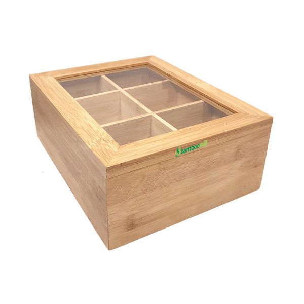 Bamboomill Acrylic Clear Top Bamboo Tea Box 6 Sections