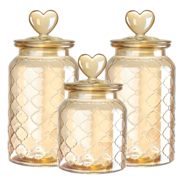 Kitchen Amber Food Storage Heart Lid Grid Candy Jars Set of 3 - Special