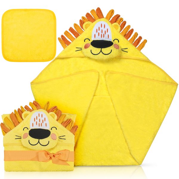 Babeniq Lion Cotton Hooded Baby Towel and Washcloth Gift Set Large, Soft