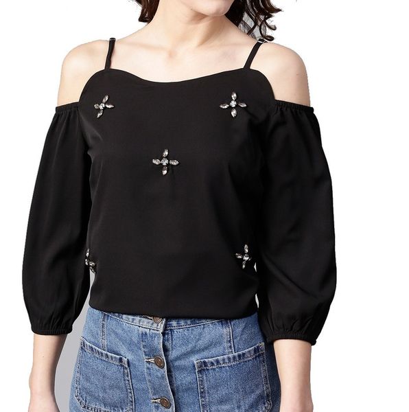 Cold Shoulder Embellished Top Black