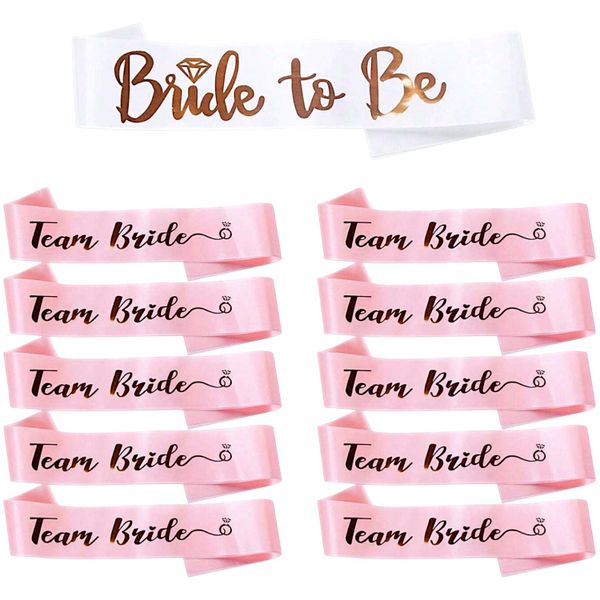 11 Piece Bride To Be &amp; Team Bride Sash Set - Pink And White