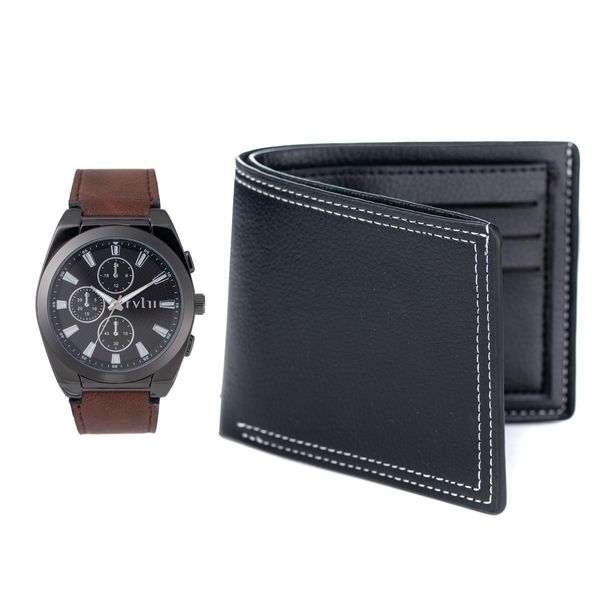 RVLRI Gents Watch Gift Set, with wallet, 42mm Gunmetal Edition /Brown Strap
