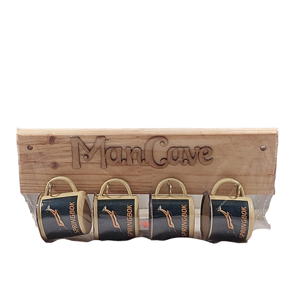Set of 4 Metal Cups with SA Rugby Emblem on - Man Cave - Wooden Sign