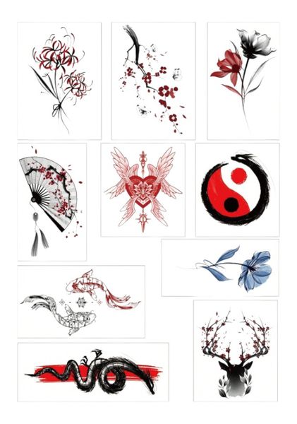 10 Piece - Chinese Style Floral And Symbol Temporary Tattoo - Multicolor