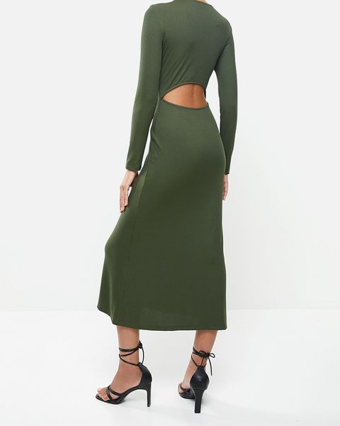 Women's VELVET Rib Column Midi Dress With Open Back - Olive